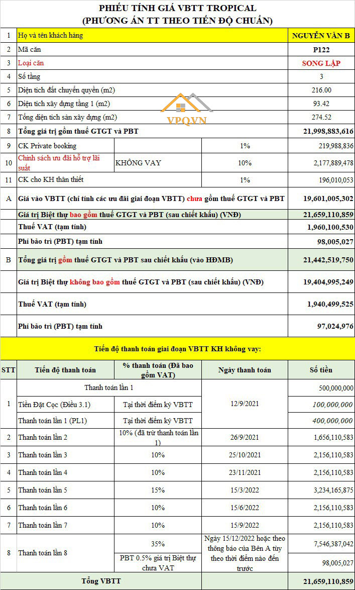 Phiếu tính giá P122 khi khách hàng thanh toán theo tiến độ chuẩn