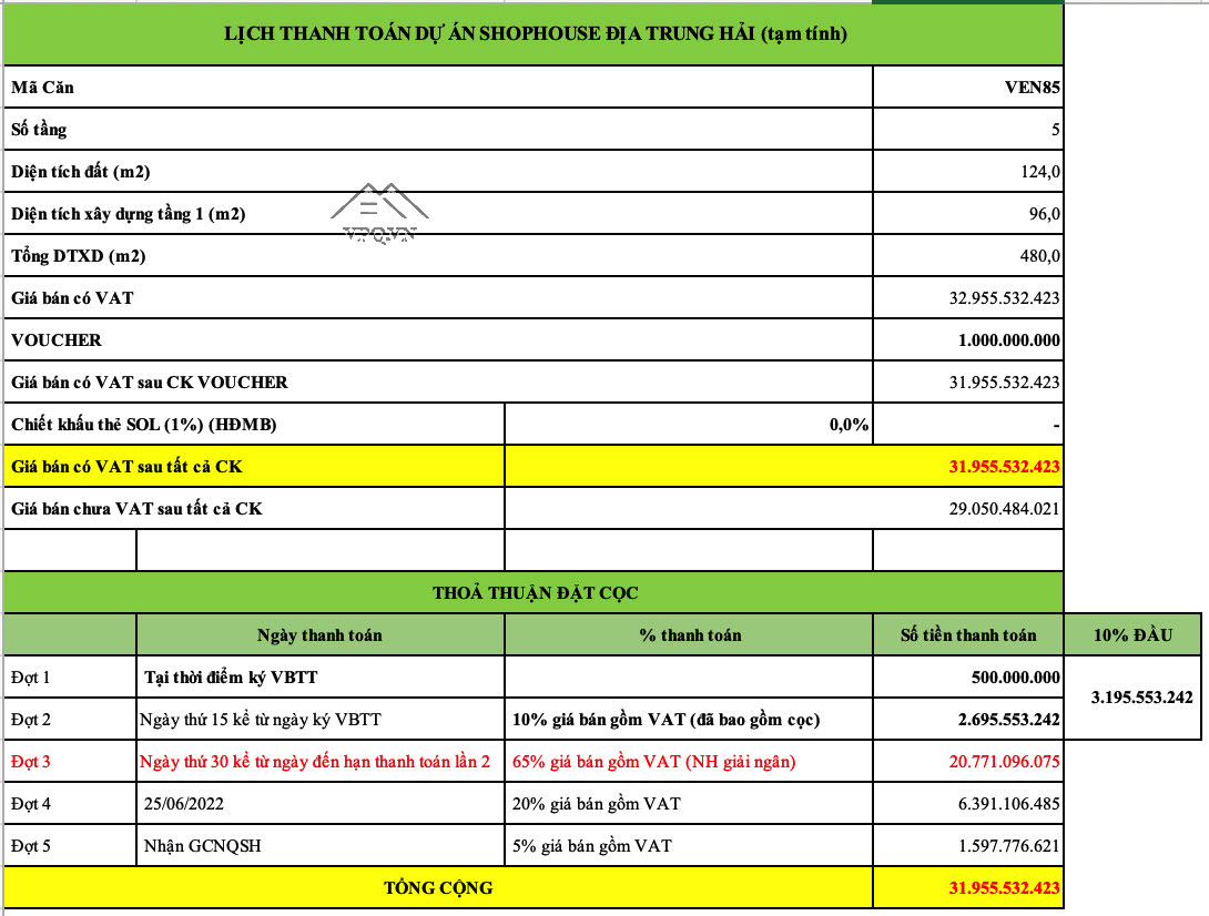 Phiếu tính giá căn VEN 85 - Khách hàng sử dụng hỗ trợ lãi suất vay vốn ngân hàng