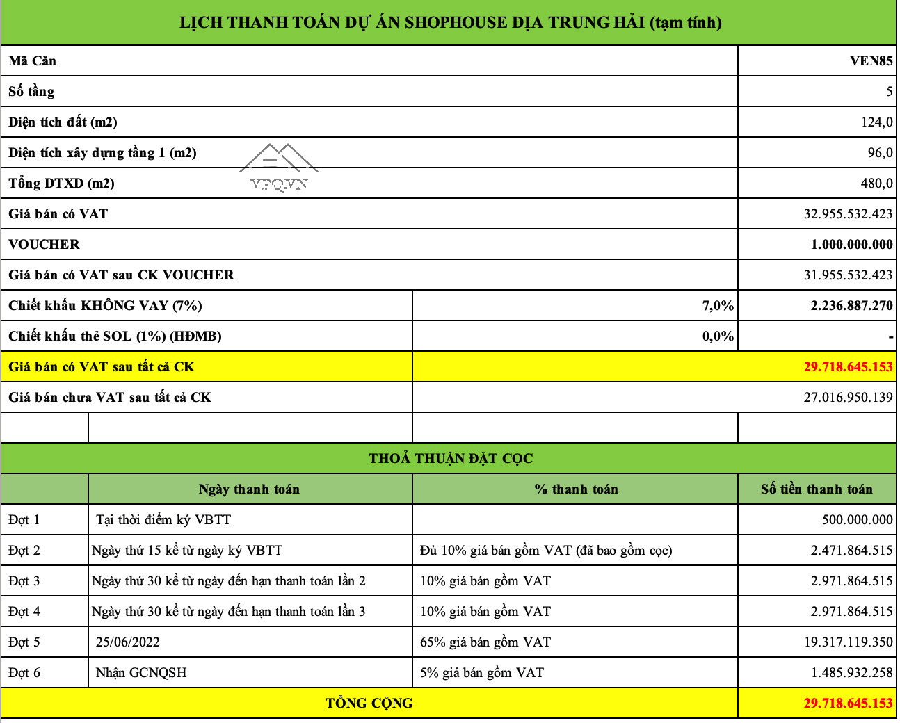 Phiếu tính giá căn VEN 85 - Khách hàng tự thanh toánh theo tiến độ