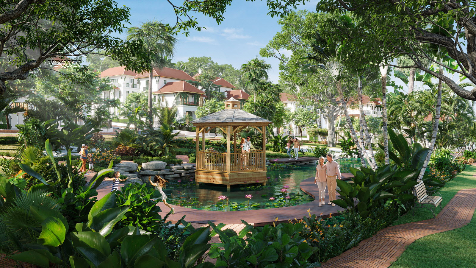 Phối cảnh c&ocirc;ng vi&ecirc;n Waterfall biệt thự Sun Tropical Village