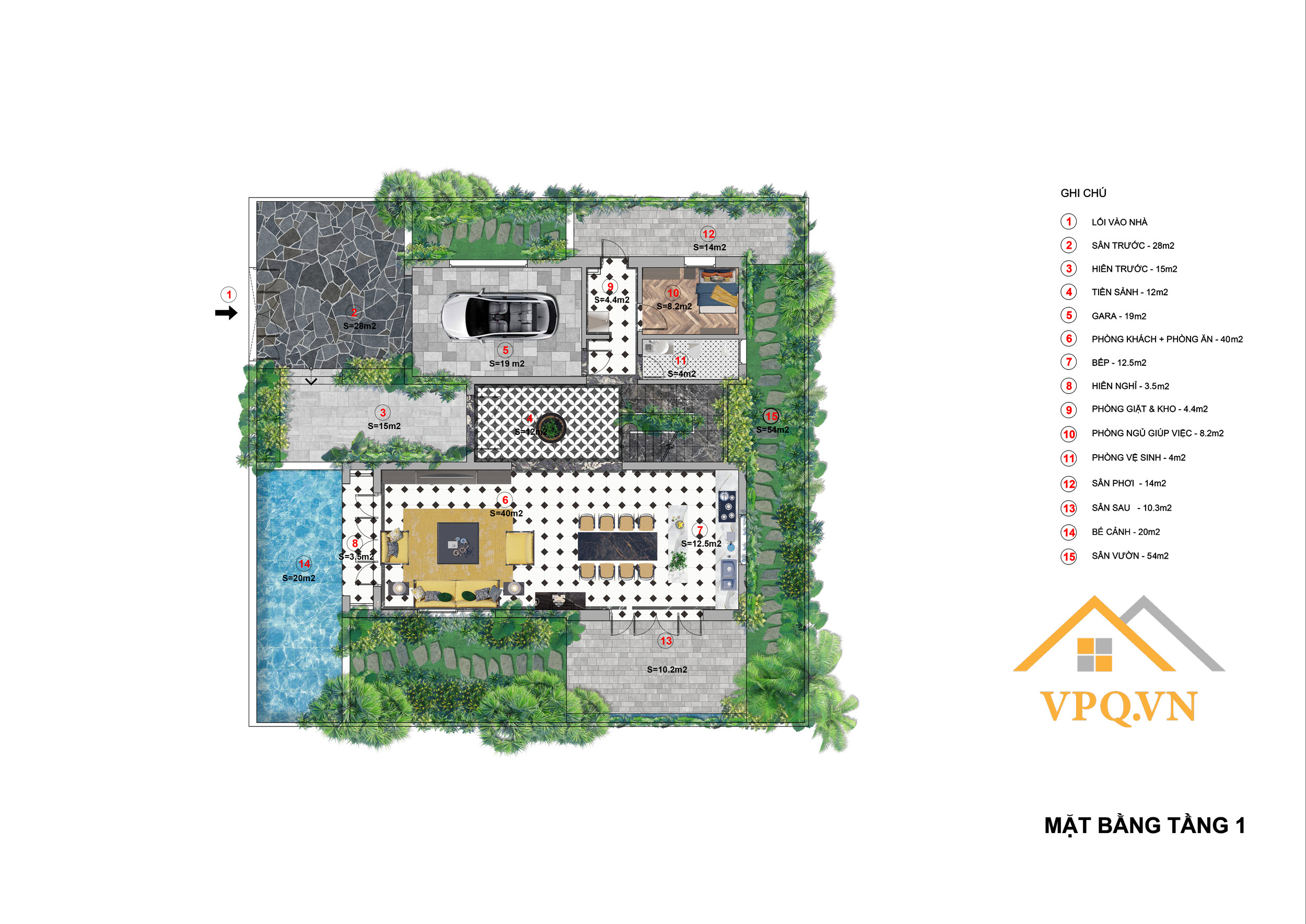 Layout tầng 1 biệt thự đơn lập B - Sun Tropical Village