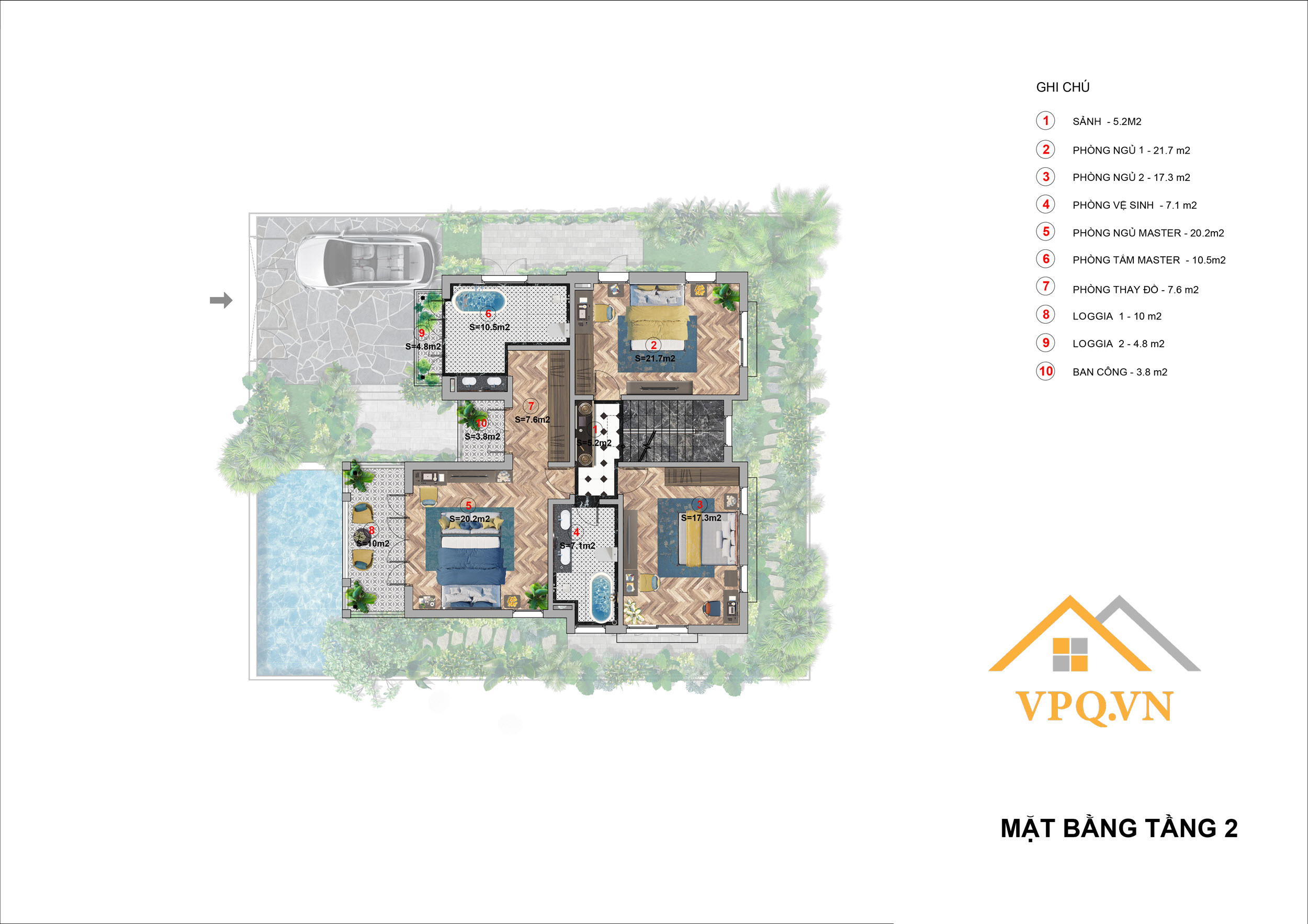 Layout tầng 2 biệt thự đơn lập A - Sun Tropical Village