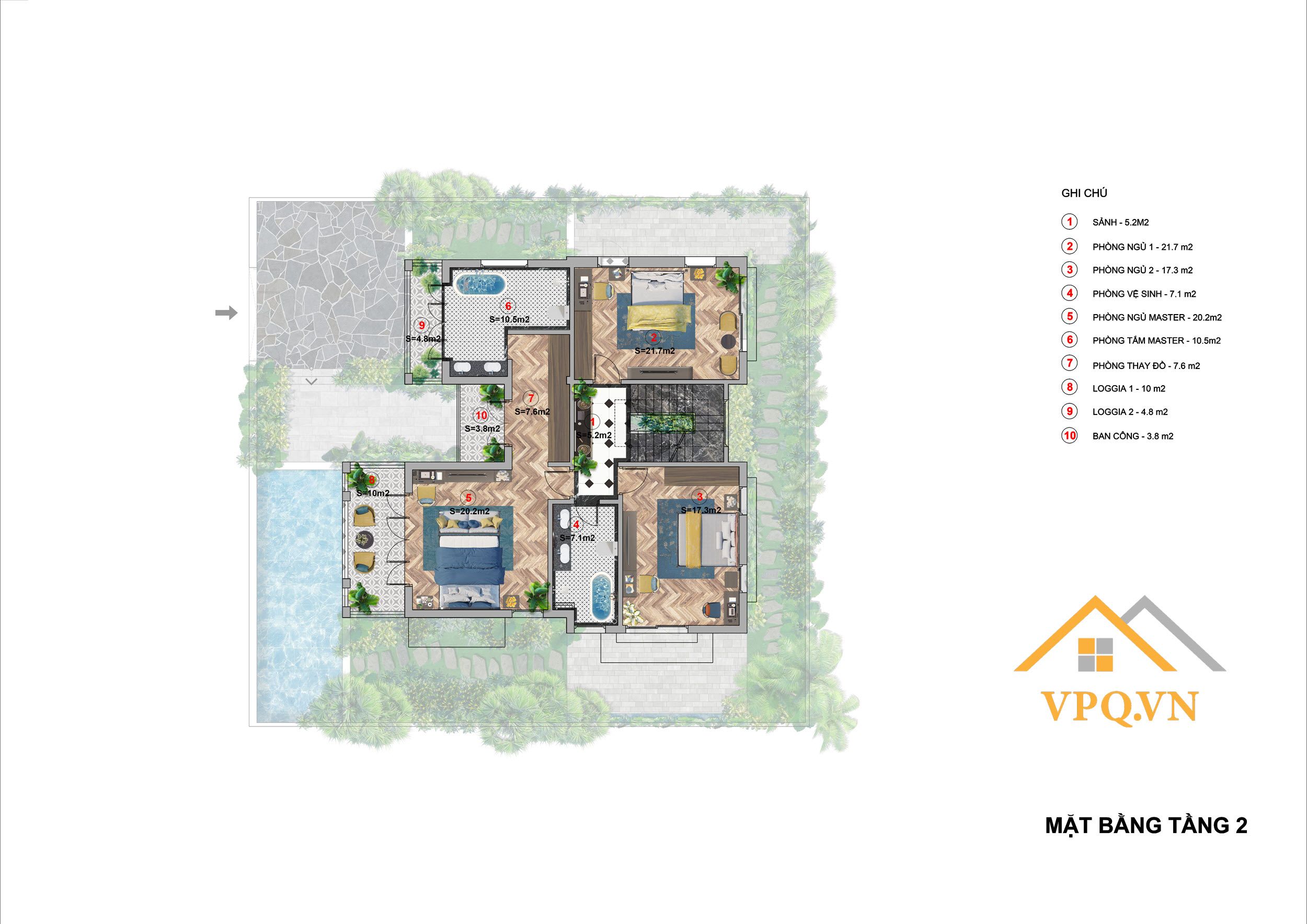 Layout tầng 2 biệt thự đơn lập B - Sun Tropical Village