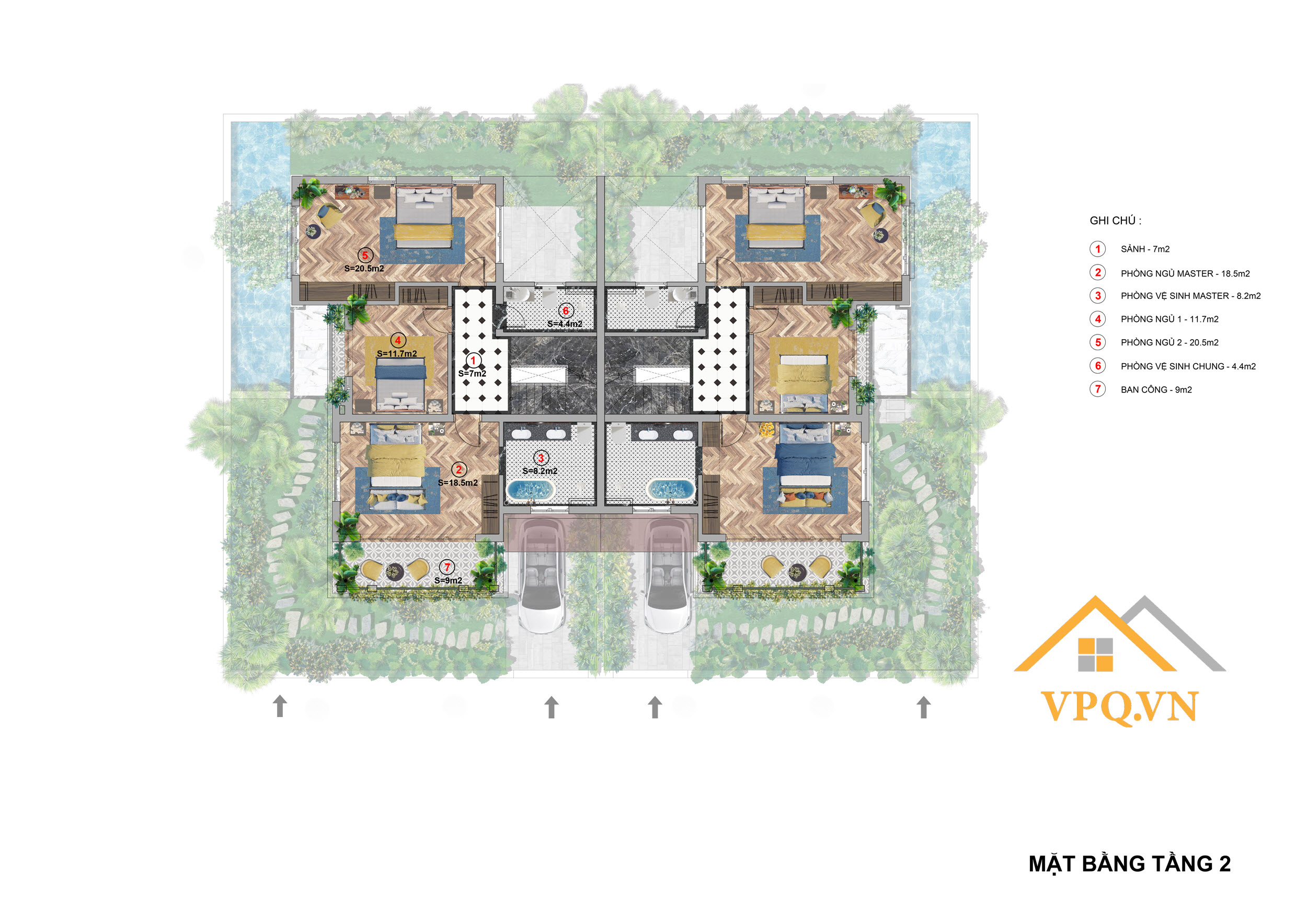 Layout tầng 2 biệt thự song lập A - Sun Tropical Village