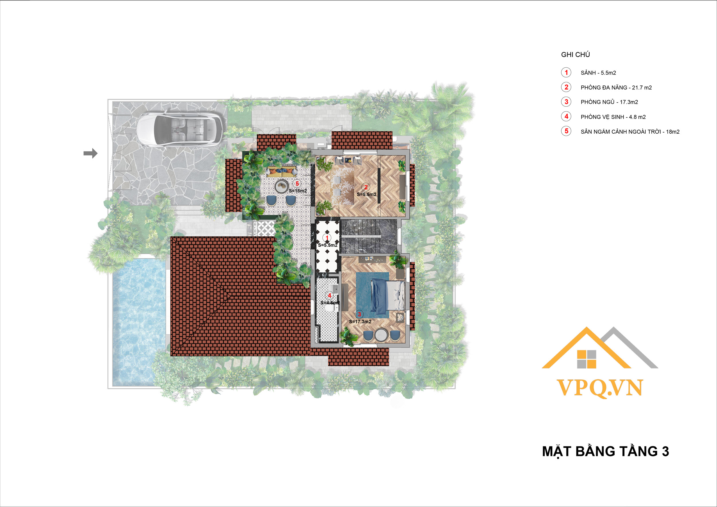 Layout tầng 3 biệt thự đơn lập A - Sun Tropical Village