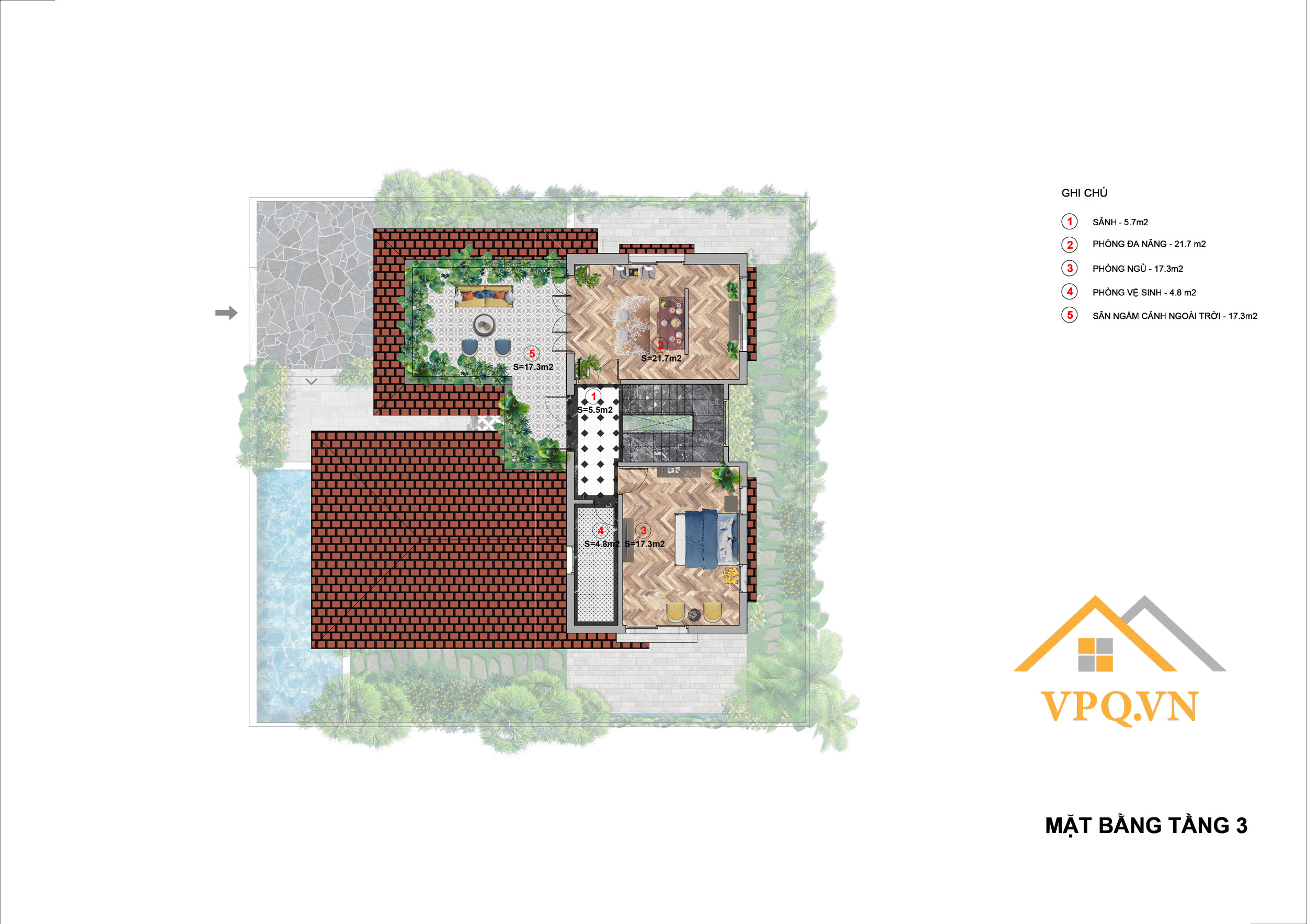 Layout tầng 3 biệt thự đơn lập B - Sun Tropical Village