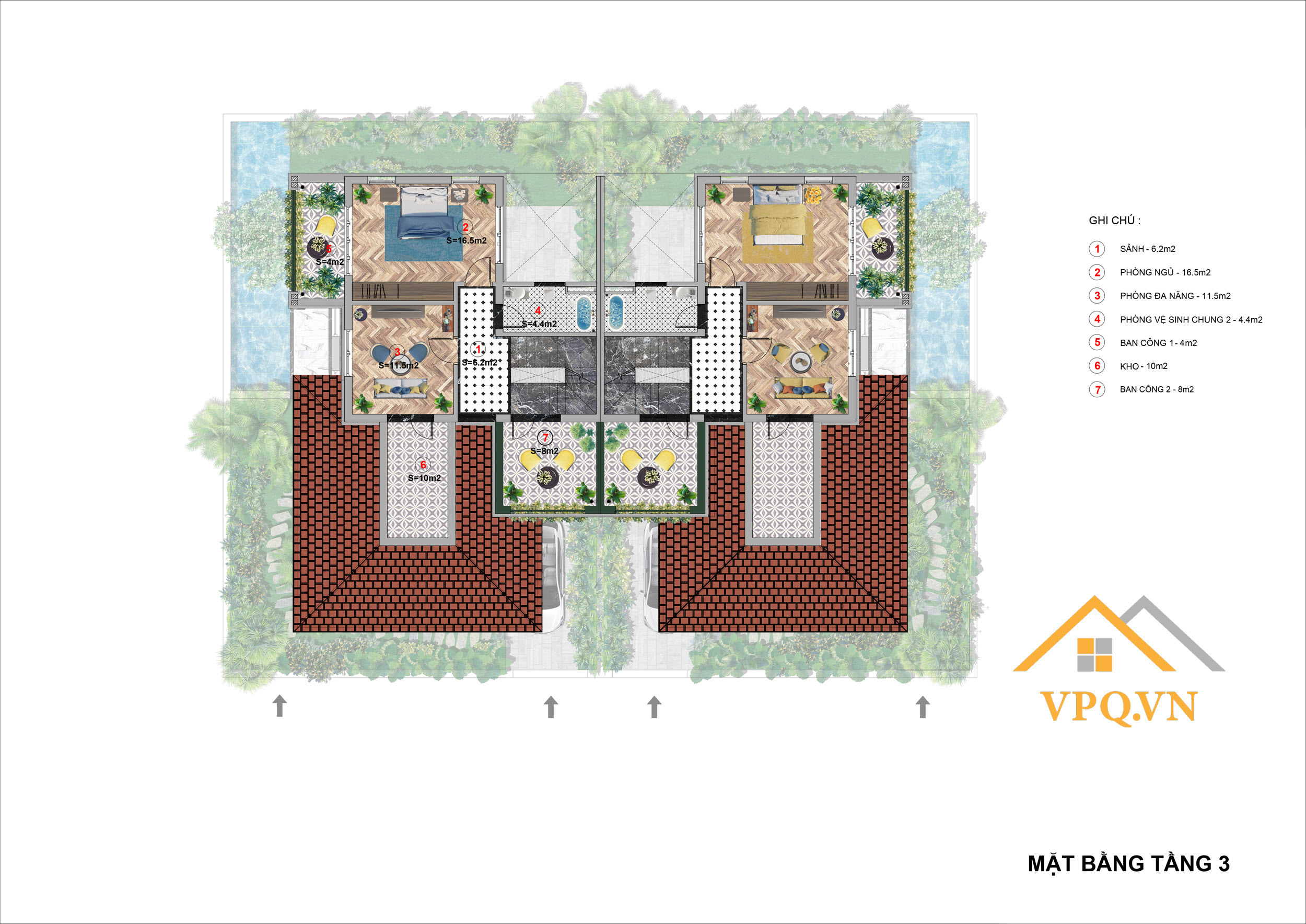 Layout tầng 3 biệt thự song lập A - Sun Tropical Village