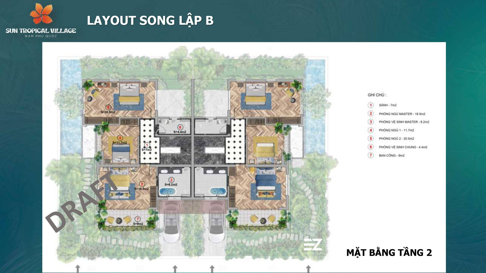 Thiết kế Layout tầng 2 biệt thự song lập B Sun Tropical Village