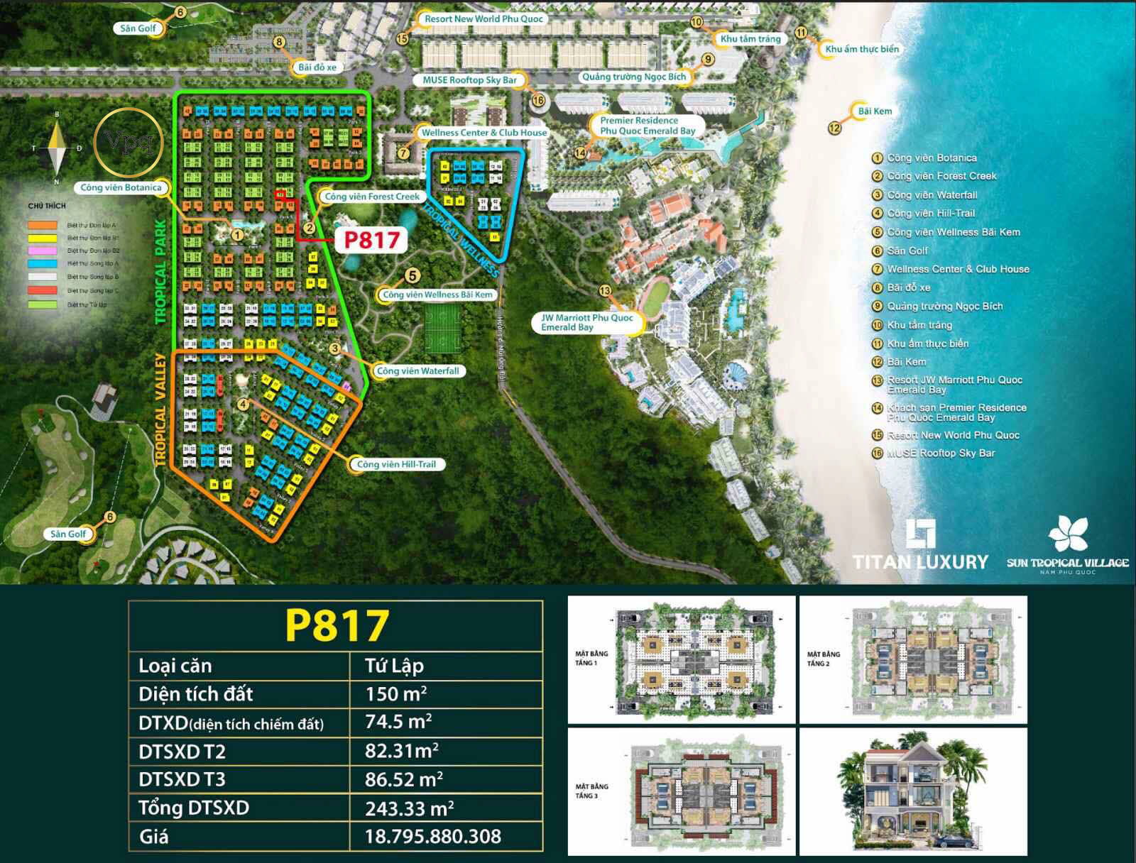 Vị trí biệt thự tứ lập P817 Sun Tropical Village