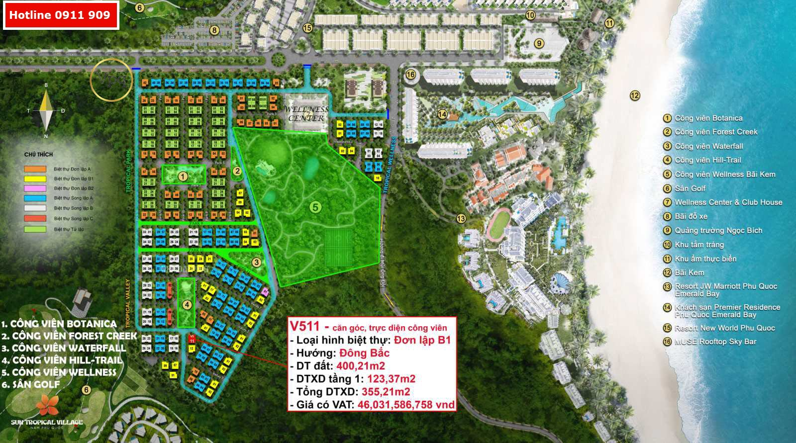 Vị trí biệt thự V511 trên mặt bằng dự án Sun Tropical Village