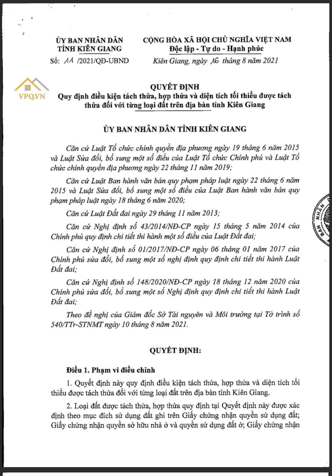Quyết định về quy định điều kiện tách thửa, hợp thửa Phú Quốc - Trang 1