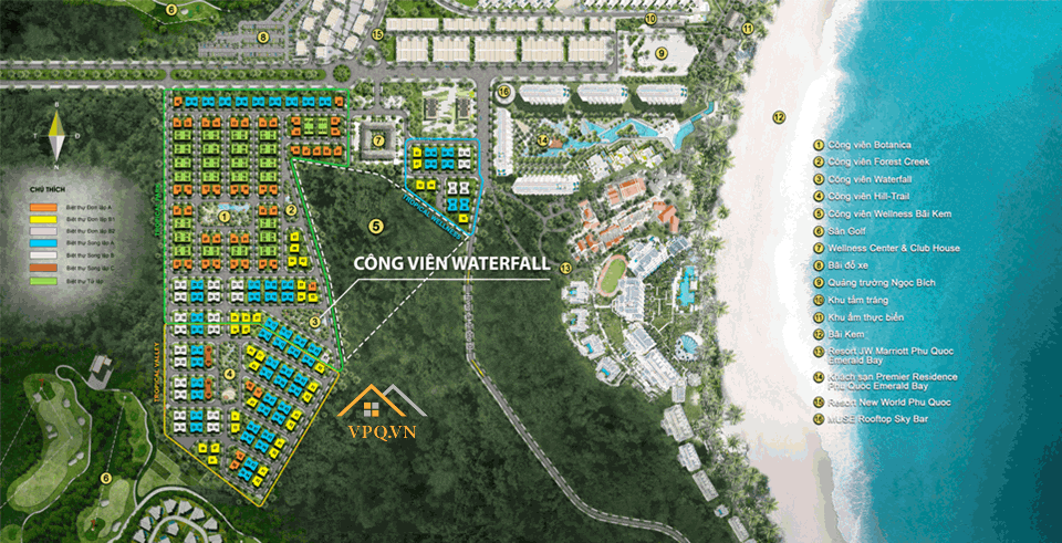 Vị tr&iacute; c&ocirc;ng vi&ecirc;n Waterfall tr&ecirc;n mặt bằng tổng thể Sun Tropical Village Ph&uacute; Quốc