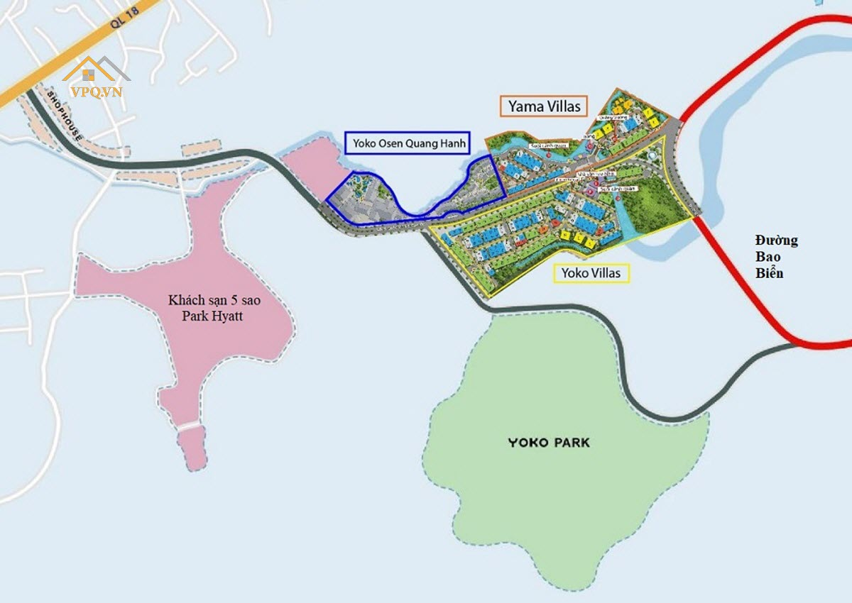 Vị tr&iacute; dự &aacute;n Biệt thự kho&aacute;ng n&oacute;ng Quang Hanh với 3 ph&acirc;n khu: Yoko Onsen, Yoko Villas, Yama Villas